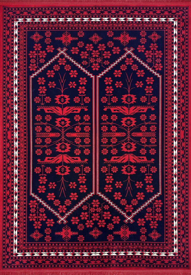 Foneks Sofia SF07 Lacivert Kırmızı Afgan Desen Kaymaz Taban Halı